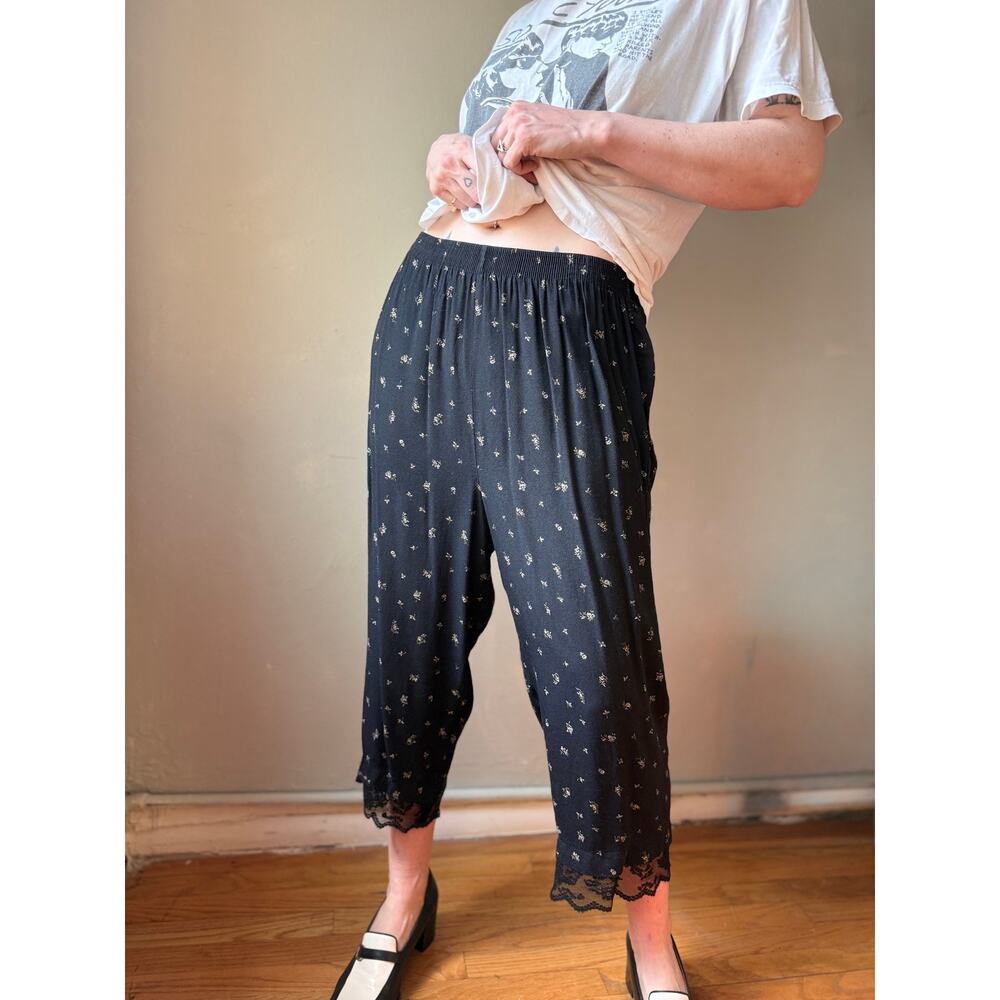 Vintage 90s Floral Lace Hem Lounge Pants | Grunge Black Rayon Trousers | L
